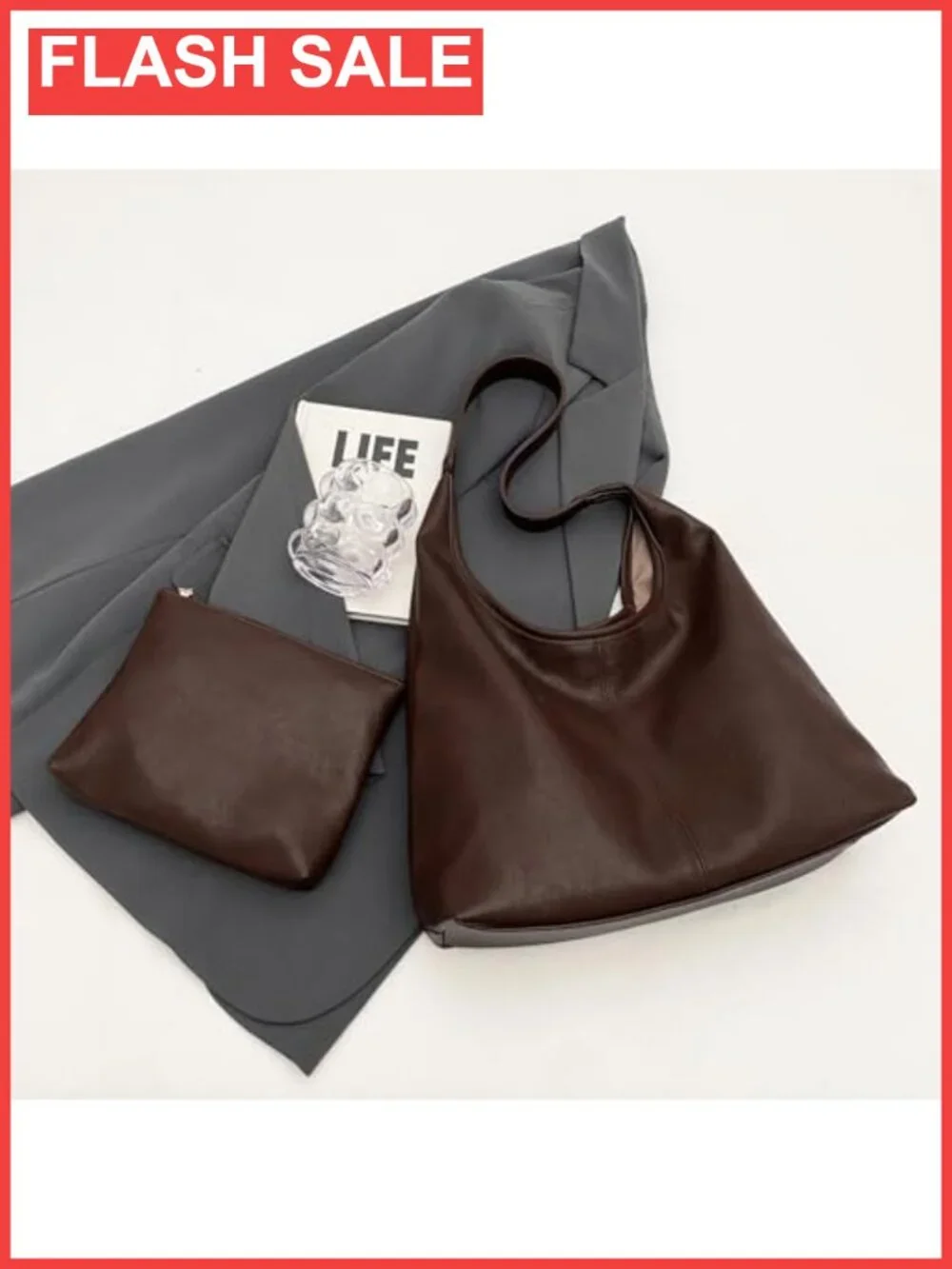 Vegan Leather Hobo Bag Slouchy Tote Retro Shoulder Handbag Large Work Purse 2pc